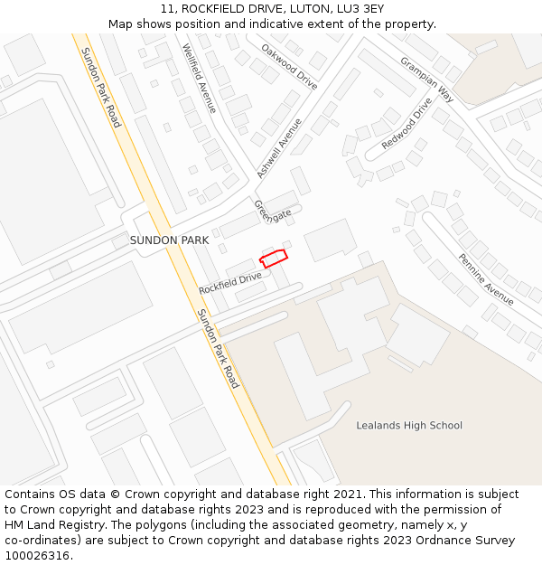 11, ROCKFIELD DRIVE, LUTON, LU3 3EY: Location map and indicative extent of plot