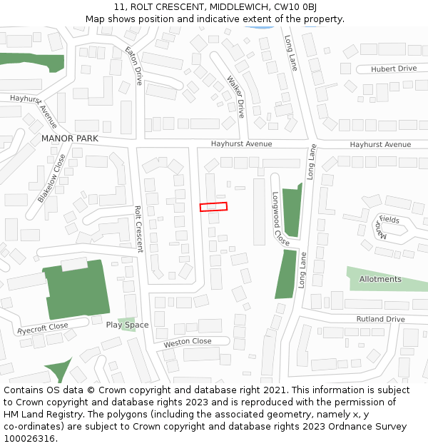 11, ROLT CRESCENT, MIDDLEWICH, CW10 0BJ: Location map and indicative extent of plot