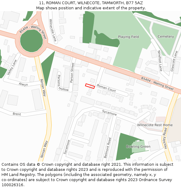 11, ROMAN COURT, WILNECOTE, TAMWORTH, B77 5AZ: Location map and indicative extent of plot