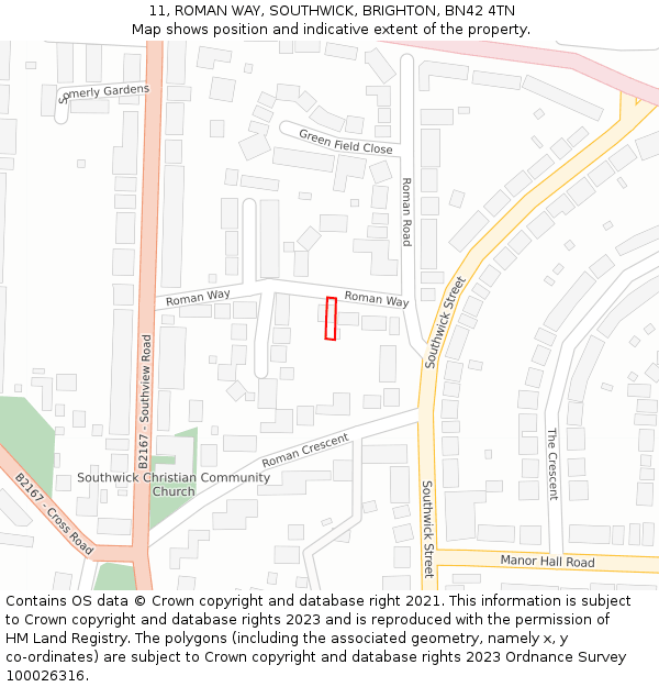 11, ROMAN WAY, SOUTHWICK, BRIGHTON, BN42 4TN: Location map and indicative extent of plot