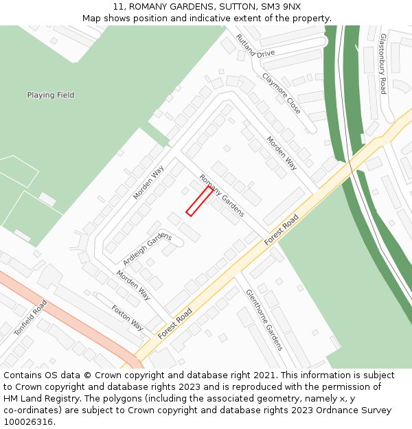11, ROMANY GARDENS, SUTTON, SM3 9NX: Location map and indicative extent of plot