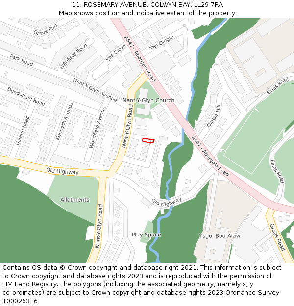 11, ROSEMARY AVENUE, COLWYN BAY, LL29 7RA: Location map and indicative extent of plot