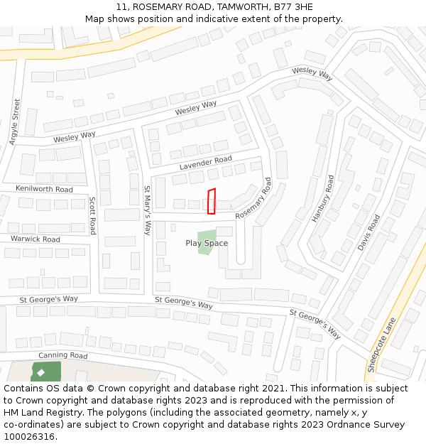 11, ROSEMARY ROAD, TAMWORTH, B77 3HE: Location map and indicative extent of plot