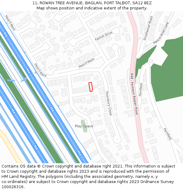 11, ROWAN TREE AVENUE, BAGLAN, PORT TALBOT, SA12 8EZ: Location map and indicative extent of plot
