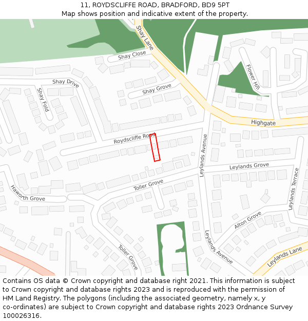 11, ROYDSCLIFFE ROAD, BRADFORD, BD9 5PT: Location map and indicative extent of plot