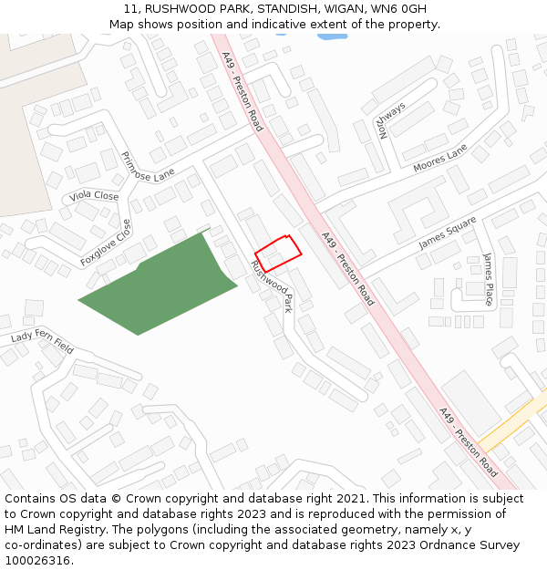 11, RUSHWOOD PARK, STANDISH, WIGAN, WN6 0GH: Location map and indicative extent of plot