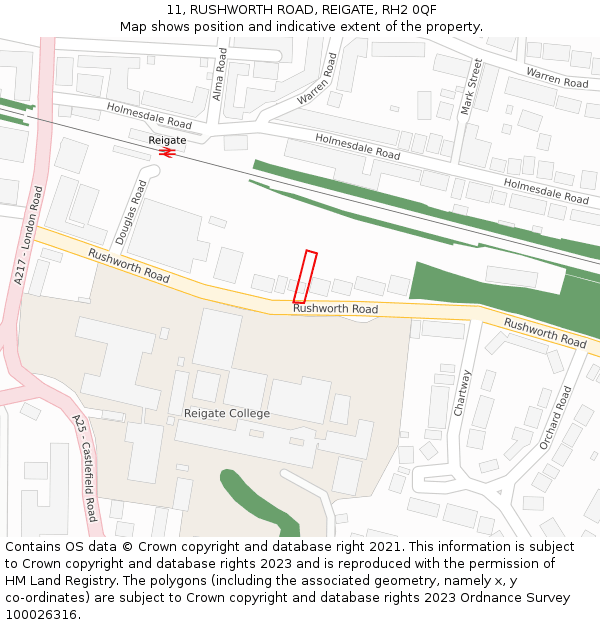 11, RUSHWORTH ROAD, REIGATE, RH2 0QF: Location map and indicative extent of plot