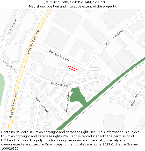 11, RUSHY CLOSE, NOTTINGHAM, NG8 4GJ: Location map and indicative extent of plot