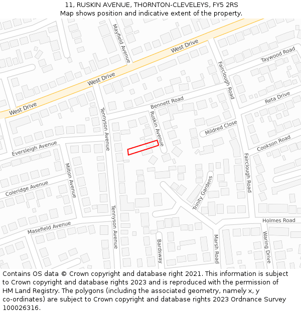 11, RUSKIN AVENUE, THORNTON-CLEVELEYS, FY5 2RS: Location map and indicative extent of plot