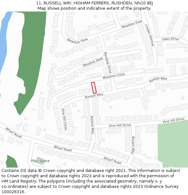 11, RUSSELL WAY, HIGHAM FERRERS, RUSHDEN, NN10 8EJ: Location map and indicative extent of plot