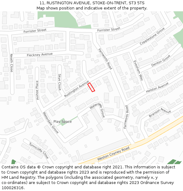 11, RUSTINGTON AVENUE, STOKE-ON-TRENT, ST3 5TS: Location map and indicative extent of plot