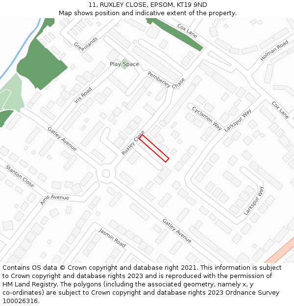 11, RUXLEY CLOSE, EPSOM, KT19 9ND: Location map and indicative extent of plot