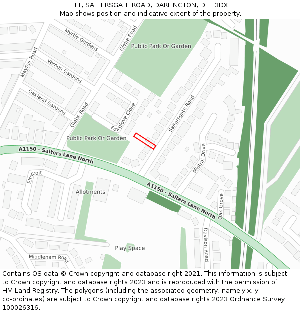 11, SALTERSGATE ROAD, DARLINGTON, DL1 3DX: Location map and indicative extent of plot