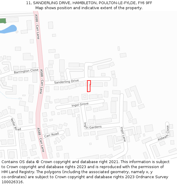 11, SANDERLING DRIVE, HAMBLETON, POULTON-LE-FYLDE, FY6 9FF: Location map and indicative extent of plot