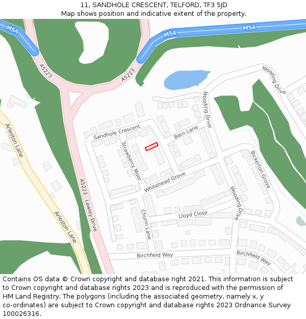11, SANDHOLE CRESCENT, TELFORD, TF3 5JD: Location map and indicative extent of plot