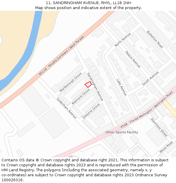 11, SANDRINGHAM AVENUE, RHYL, LL18 1NH: Location map and indicative extent of plot
