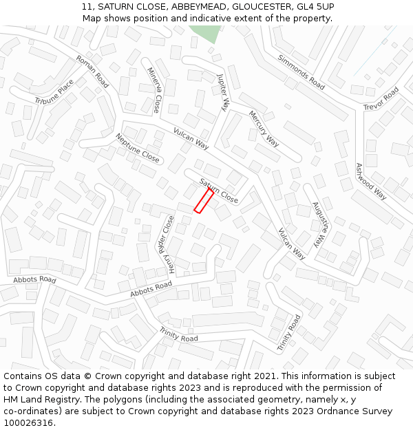11, SATURN CLOSE, ABBEYMEAD, GLOUCESTER, GL4 5UP: Location map and indicative extent of plot
