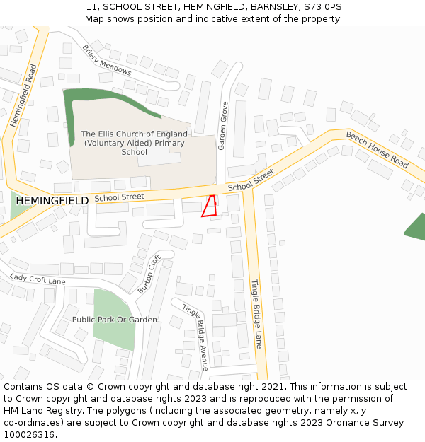 11, SCHOOL STREET, HEMINGFIELD, BARNSLEY, S73 0PS: Location map and indicative extent of plot