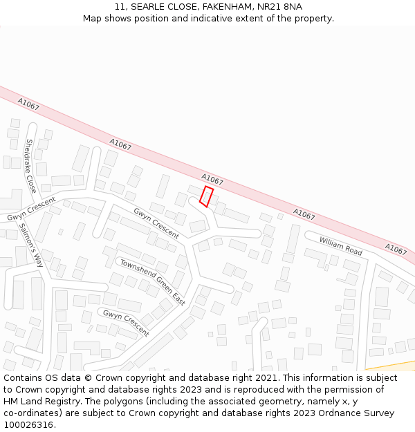 11, SEARLE CLOSE, FAKENHAM, NR21 8NA: Location map and indicative extent of plot