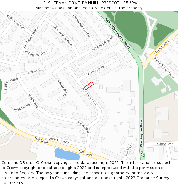11, SHERMAN DRIVE, RAINHILL, PRESCOT, L35 6PW: Location map and indicative extent of plot