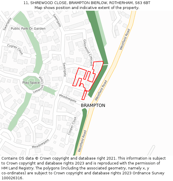 11, SHIREWOOD CLOSE, BRAMPTON BIERLOW, ROTHERHAM, S63 6BT: Location map and indicative extent of plot