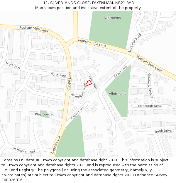11, SILVERLANDS CLOSE, FAKENHAM, NR21 8AR: Location map and indicative extent of plot