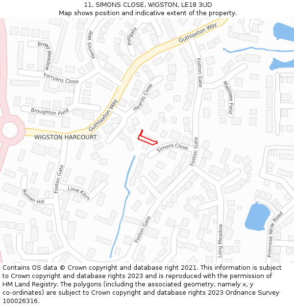 11, SIMONS CLOSE, WIGSTON, LE18 3UD: Location map and indicative extent of plot