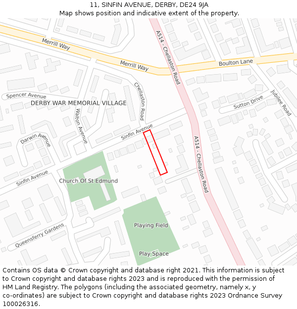 11, SINFIN AVENUE, DERBY, DE24 9JA: Location map and indicative extent of plot