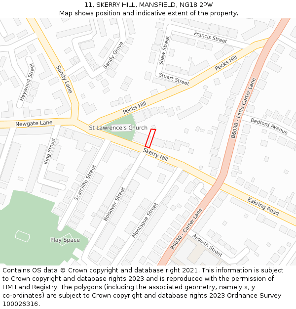 11, SKERRY HILL, MANSFIELD, NG18 2PW: Location map and indicative extent of plot