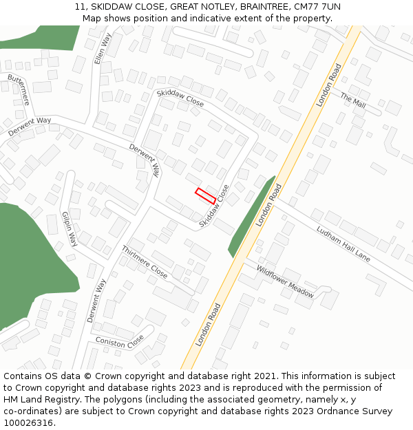 11, SKIDDAW CLOSE, GREAT NOTLEY, BRAINTREE, CM77 7UN: Location map and indicative extent of plot
