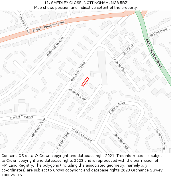 11, SMEDLEY CLOSE, NOTTINGHAM, NG8 5BZ: Location map and indicative extent of plot