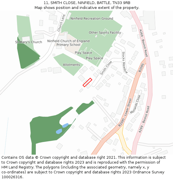 11, SMITH CLOSE, NINFIELD, BATTLE, TN33 9RB: Location map and indicative extent of plot