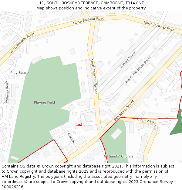 11, SOUTH ROSKEAR TERRACE, CAMBORNE, TR14 8NT: Location map and indicative extent of plot