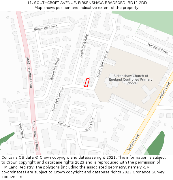 11, SOUTHCROFT AVENUE, BIRKENSHAW, BRADFORD, BD11 2DD: Location map and indicative extent of plot