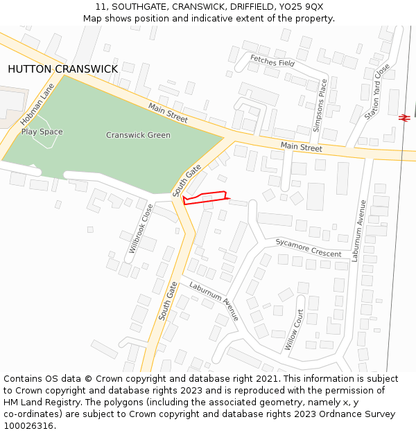 11, SOUTHGATE, CRANSWICK, DRIFFIELD, YO25 9QX: Location map and indicative extent of plot