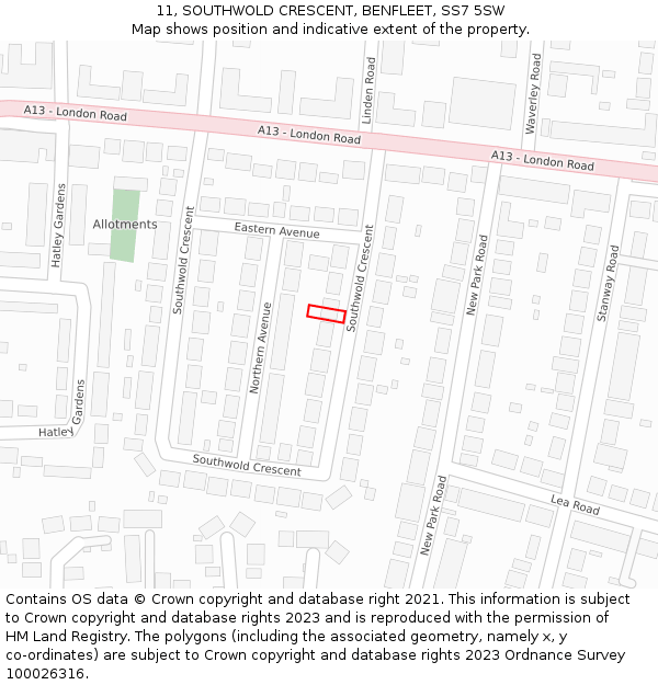 11, SOUTHWOLD CRESCENT, BENFLEET, SS7 5SW: Location map and indicative extent of plot