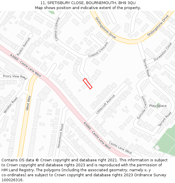 11, SPETISBURY CLOSE, BOURNEMOUTH, BH9 3QU: Location map and indicative extent of plot