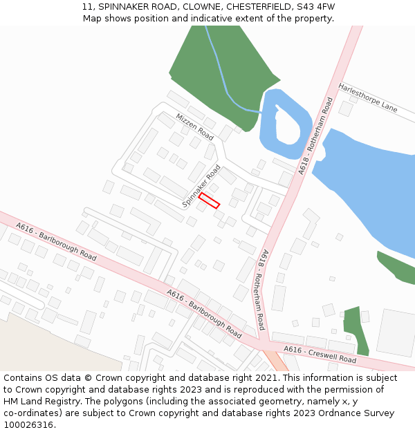 11, SPINNAKER ROAD, CLOWNE, CHESTERFIELD, S43 4FW: Location map and indicative extent of plot