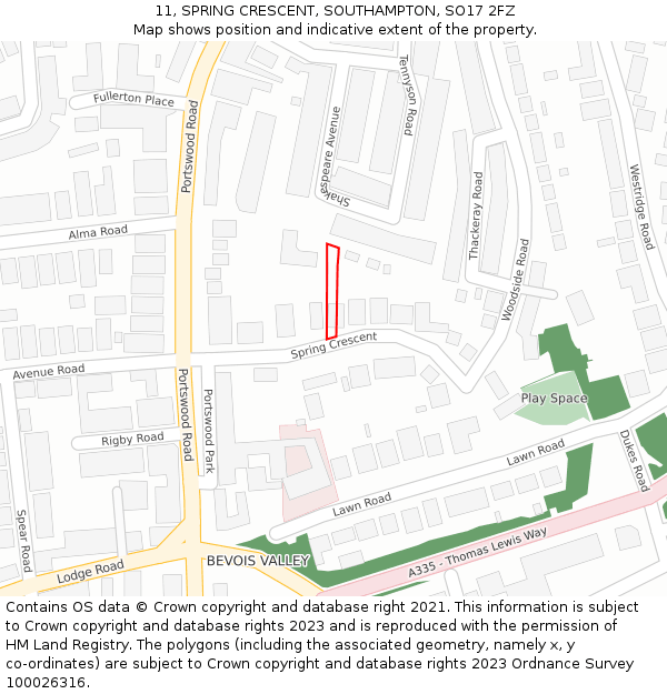 11, SPRING CRESCENT, SOUTHAMPTON, SO17 2FZ: Location map and indicative extent of plot