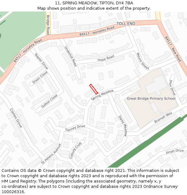 11, SPRING MEADOW, TIPTON, DY4 7BA: Location map and indicative extent of plot