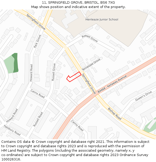 11, SPRINGFIELD GROVE, BRISTOL, BS6 7XG: Location map and indicative extent of plot