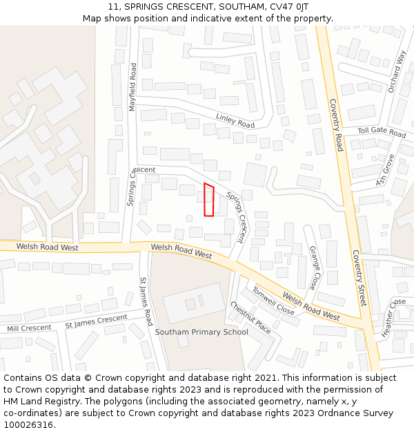 11, SPRINGS CRESCENT, SOUTHAM, CV47 0JT: Location map and indicative extent of plot