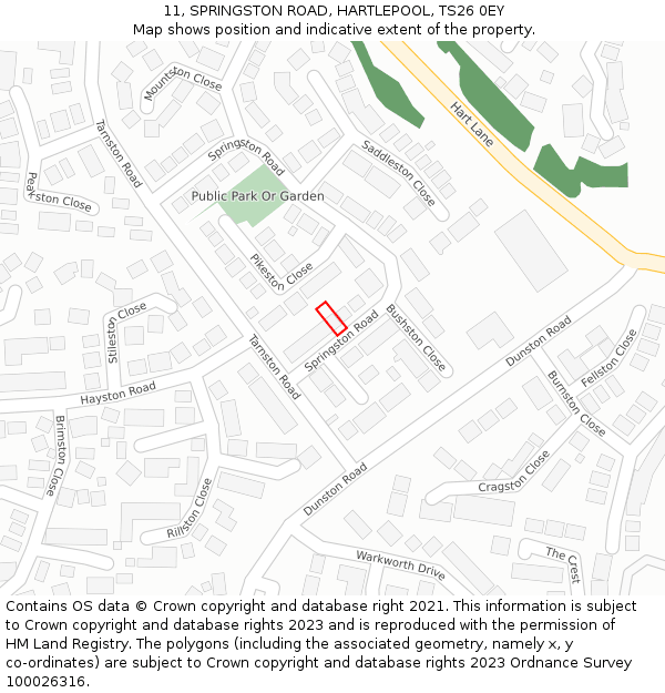 11, SPRINGSTON ROAD, HARTLEPOOL, TS26 0EY: Location map and indicative extent of plot