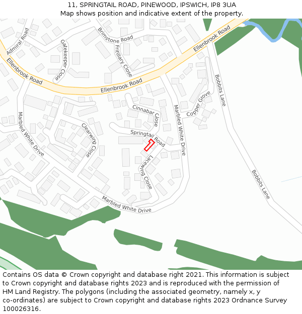 11, SPRINGTAIL ROAD, PINEWOOD, IPSWICH, IP8 3UA: Location map and indicative extent of plot