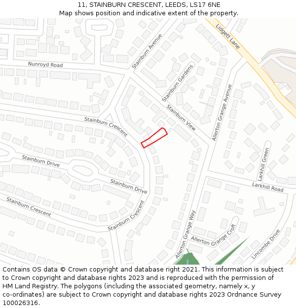 11, STAINBURN CRESCENT, LEEDS, LS17 6NE: Location map and indicative extent of plot