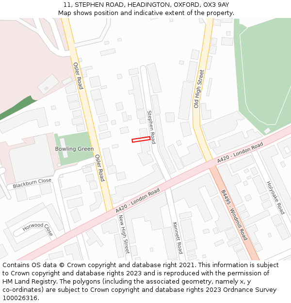 11, STEPHEN ROAD, HEADINGTON, OXFORD, OX3 9AY: Location map and indicative extent of plot