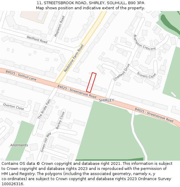 11, STREETSBROOK ROAD, SHIRLEY, SOLIHULL, B90 3PA: Location map and indicative extent of plot