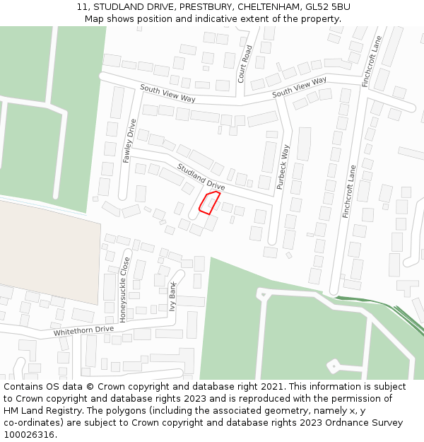 11, STUDLAND DRIVE, PRESTBURY, CHELTENHAM, GL52 5BU: Location map and indicative extent of plot