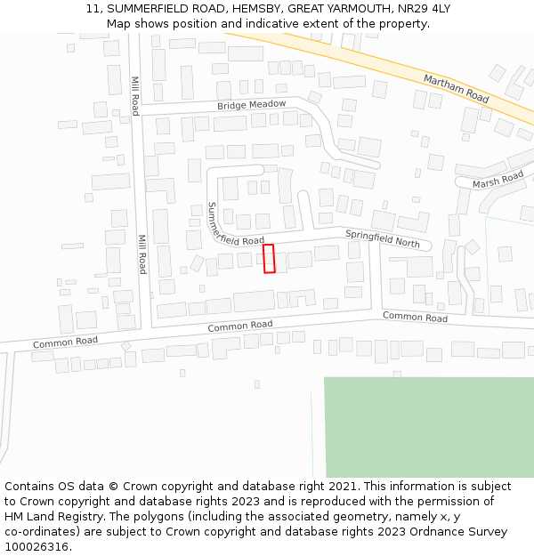 11, SUMMERFIELD ROAD, HEMSBY, GREAT YARMOUTH, NR29 4LY: Location map and indicative extent of plot
