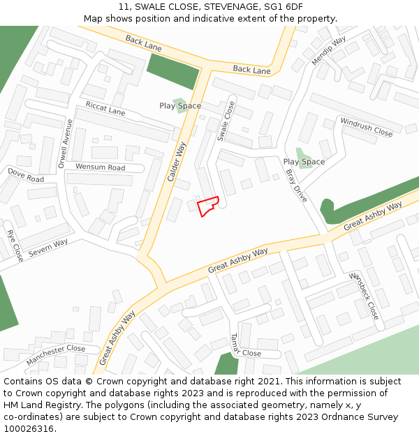 11, SWALE CLOSE, STEVENAGE, SG1 6DF: Location map and indicative extent of plot